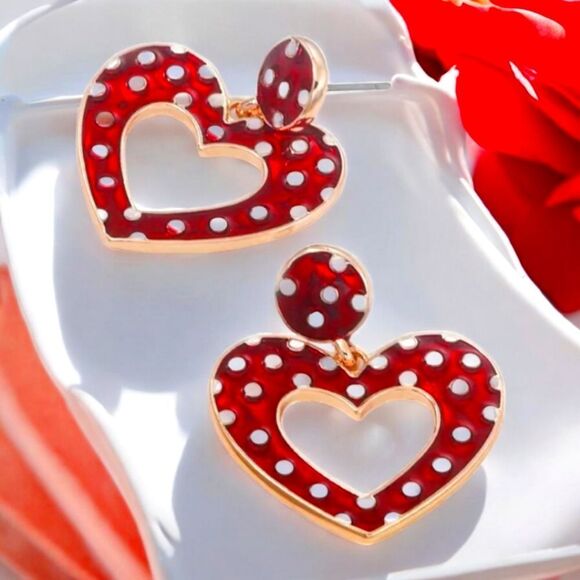 Heart-Shaped Red Polka Dot Earrings Valentine's Day Dangle Pierced Jewelry Love - Picture 3 of 5